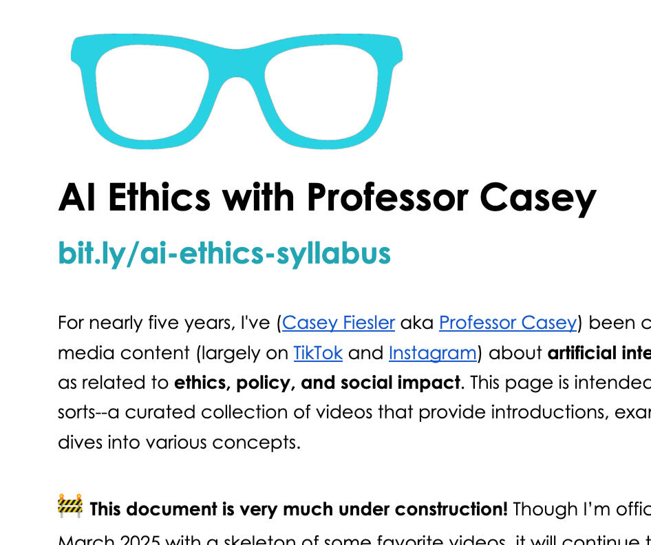 screenshot of a document with an icon of blue glasses that reads "AI Ethics with Professor Casey"