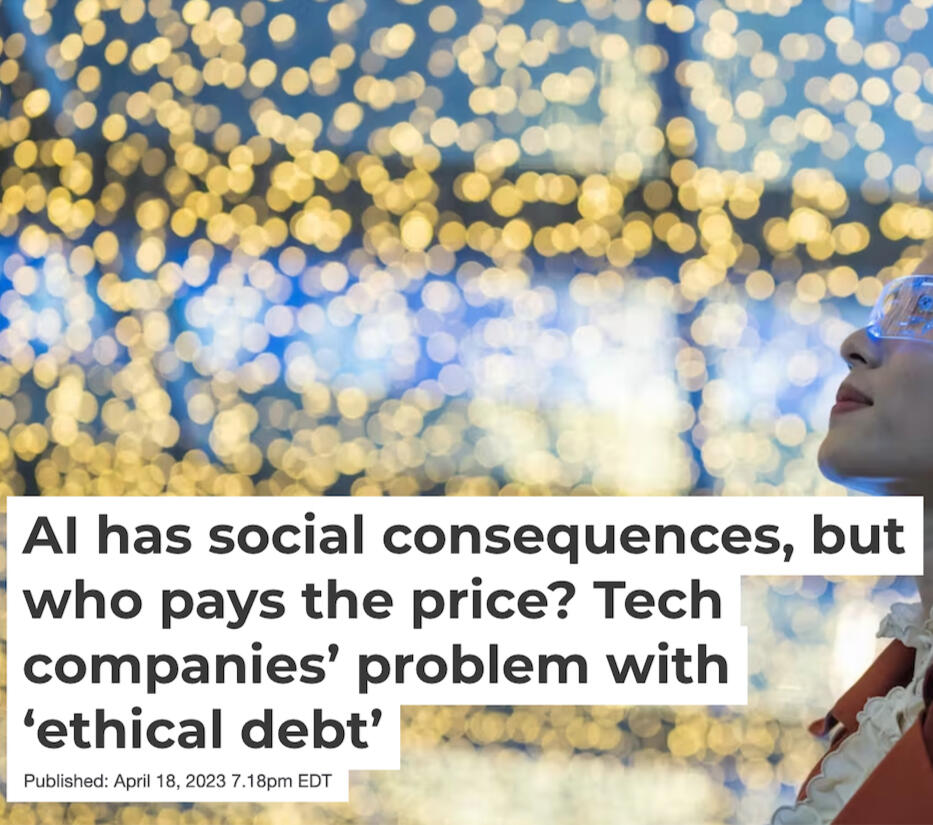 a headline image: "AI has social consequences, but who pays the price? Tech companies' problem with 'ethical debt'"