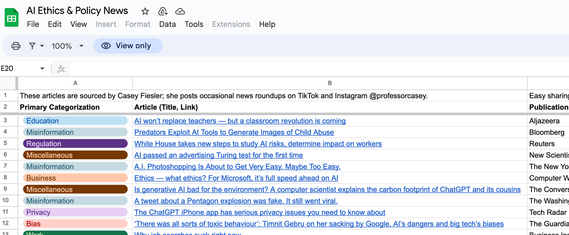Untitled screenshot of a google spreadsheet titled "AI Ethics & Policy News" with a list of news articles categorized by topic